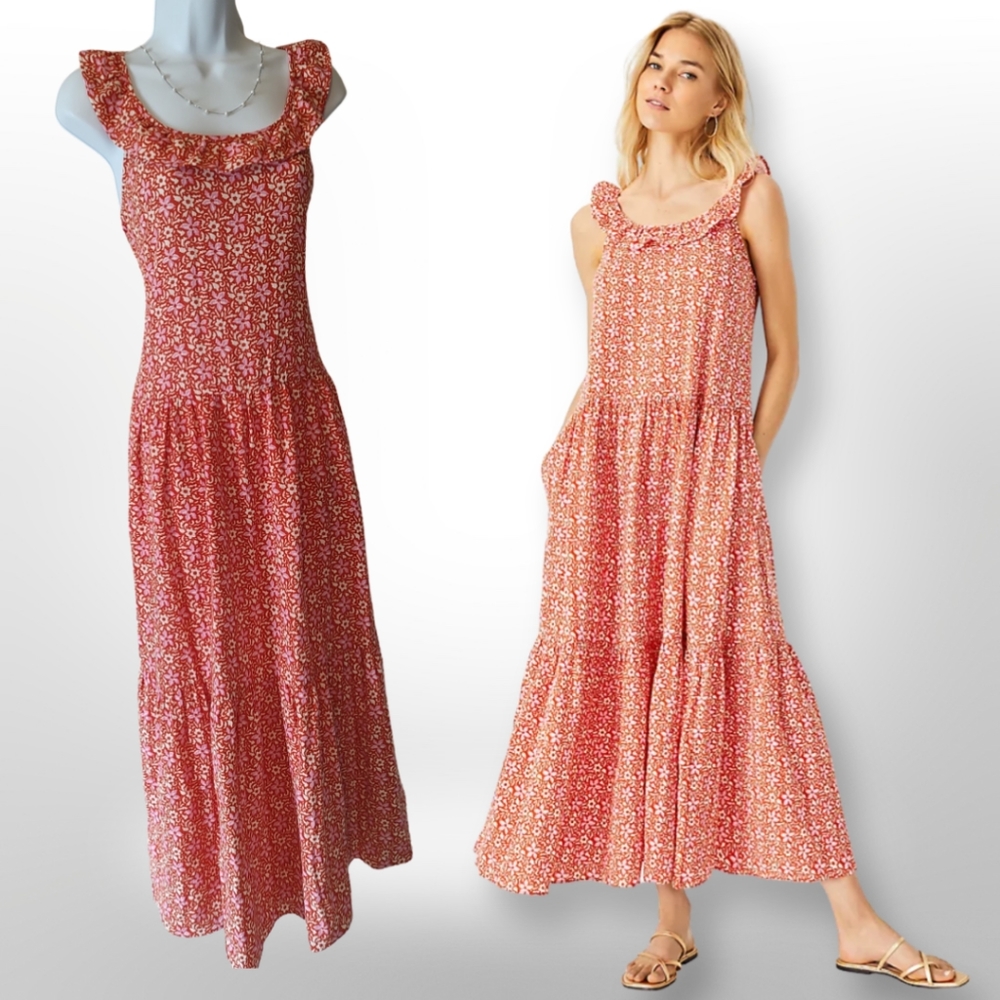 Ann Taylor Floral Maxi Tiered Peasant Dress, Size Medium, Orange Pink Wh…